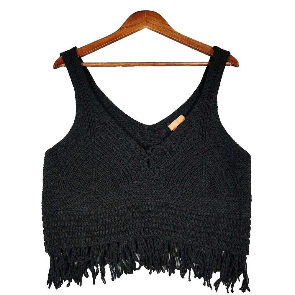 Pilcro Anthropologie Top Women's Medium Black Cable Knit Fringe Hem Crop Boho